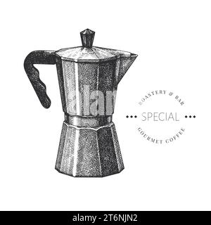 Italian Coffee Maker Illustration. Vector Hand Drawn Isolated Geyser Coffee Machine. Vintage Style Moka Pot Stock Vector