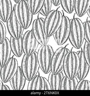 Hand drawn sketch style carambola seamless pattern. Organic fresh fruit vector illustration. Retro fruit background Stock Vector