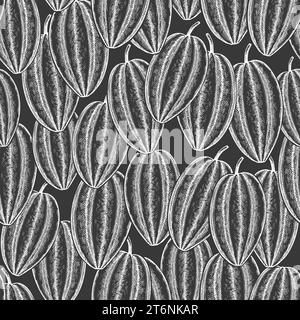 Hand drawn sketch style carambola seamless pattern. Organic fresh fruit vector illustration on chalk board. Retro fruit background Stock Vector