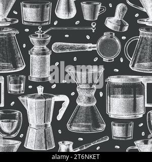Alternative Coffee Makers Seamless Pattern. Vector Hand Drawn Specialty Coffee Equipment Background. Vintage Style Coffee Bar Chalk Board Illustration Stock Vector
