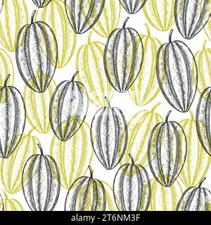 Hand drawn sketch style carambola seamless pattern. Organic fresh fruit vector illustration. Retro fruit background Stock Vector