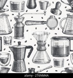 Alternative Coffee Makers Seamless Pattern. Vector Hand Drawn Specialty Coffee Equipment Background. Vintage Style Coffee Bar Design Stock Vector