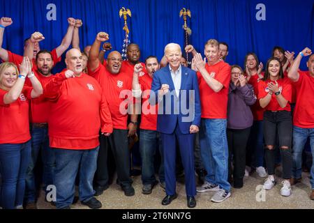 Belvidere, United States. 09 November, 2023. U.S. President Joe Biden celebrates the new UAW contract with the big three automakers as they record a video at the Community Building Complex, November 9, 2023 in Belvidere, Illinois. Credit: Adam Schultz/White House Photo/Alamy Live News Stock Photo