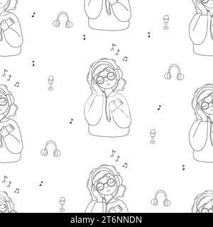 Seamless pattern with girl in headphones on white background. Vector illustration. Outline, hand drawn doodle style. Stock Vector