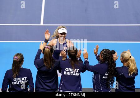 Great Britain's Katie Boulter celebrates victory against Sweden's Caijsa Wilda Hennemann (not pictured) during day one of the 2023 Billie Jean King Cup play-off between Great Britain and Sweden at the Copper Box Arena, London. Picture date: Saturday November 11, 2023. Stock Photo