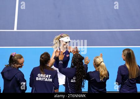 Great Britain's Katie Boulter celebrates victory against Sweden's Caijsa Wilda Hennemann (not pictured) during day one of the 2023 Billie Jean King Cup play-off between Great Britain and Sweden at the Copper Box Arena, London. Picture date: Saturday November 11, 2023. Stock Photo