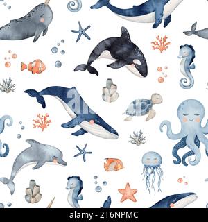 Underwater Animals seamless pattern. Cute undersea endless line with whale, orca, octopus, seahorse, jellyfish, turtle, clownfish, shells, algae Stock Photo