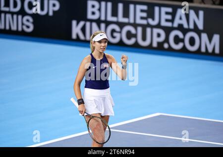 Great Britain's Katie Boulter celebrates victory against Sweden's Caijsa Wilda Hennemann (not pictured) during day one of the 2023 Billie Jean King Cup play-off between Great Britain and Sweden at the Copper Box Arena, London. Picture date: Saturday November 11, 2023. Stock Photo