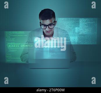 Laptop, overlay and database with a hacker man in studio on a blue background for cybersecurity or networking. Computer, information technology and Stock Photo