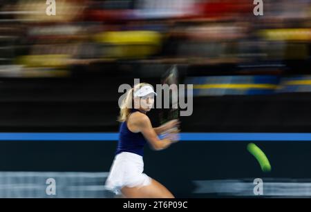 11th November 2023; Copper Box Arena, Stratford, London, England: Billie Jean King Cup Play-Offs, Great Britain versus Sweden, Day 1; Katie Boulter of Great Britain plays a backhand against Caijsa Wilda Hennemann of Sweden Stock Photo