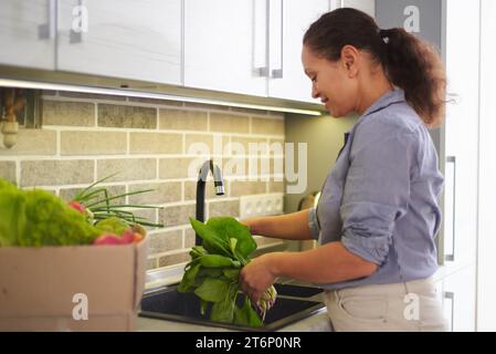 Smiling pretty woman washing organic vegetables in the sink for cooking, making salad in the kitchen at home. Female woman vegetarian enjoy cooking an Stock Photo