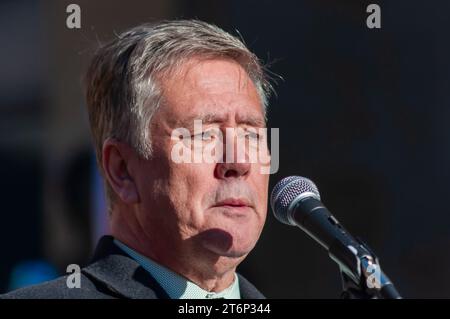 Glasgow, Scotland, UK. 11th November, 2023. On Armistice Day Keith Brown, Depute Leader of the Scottish National Party attends a rally at the Buchanan Steps to protest against the ongoing Israeli - Palestinian conflict. Credit: Skully/Alamy Live News Stock Photo