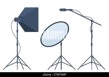 Different types of professional lighting equipment for blogging, vlogging and studio photo and video. Vector illustration Stock Vector