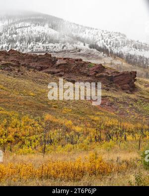 Snow line on the mountains of Waterton Lakes National Park with fall foliage, Alberta, Canada. Stock Photo