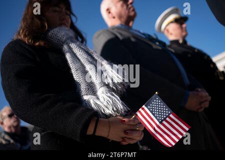 Attendees pray during a a National Veterans Day Observance ceremony at Arlington National cemetery in Arlington, Virginia on Saturday, November 11, 2023. Photo by Bonnie Cash/Pool/Sipa USA Stock Photo