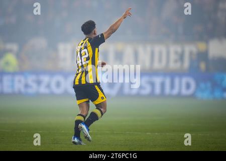 ARNHEM, NETHERLANDS - NOVEMBER 11: Million Manhoef of Vitesse celebrates after scoring his team's first goal during the Dutch Eredivisie match between Vitesse and FC Groningen at the GelreDome on November 11, 2023 in Arnhem, Netherlands (Photo by Rene Nijhuis/Orange Pictures) Stock Photo