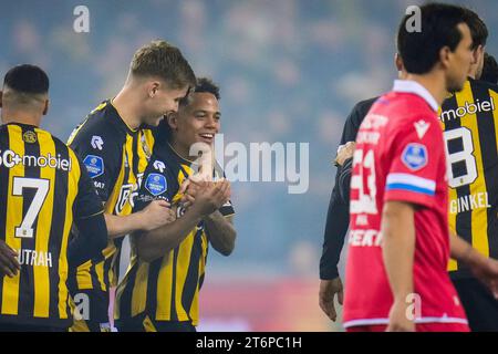 ARNHEM, NETHERLANDS - NOVEMBER 11: Million Manhoef of Vitesse celebrates after scoring his team's first goal with Ramon Hendriks of Vitesse during the Dutch Eredivisie match between Vitesse and FC Groningen at the GelreDome on November 11, 2023 in Arnhem, Netherlands (Photo by Rene Nijhuis/Orange Pictures) Stock Photo