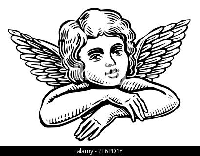 Cute baby angel with wings. Hand drawn Cherub sketch engraving style illustration Stock Photo