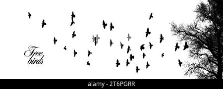 Silhouette of birds flying from the trees. Vector illustration. Art Design, Wall Decor isolated on white background. hand drawing. Not AI, Illustrat3 Stock Vector