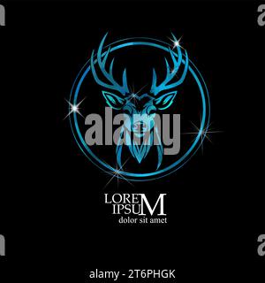 Deer head blue logo in a circle. hand drawing. Not AI, Vector illustration Stock Vector