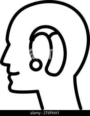 Hearing aid on human ear, linear icon, head. Hearing aid outline icon vector. Linear style sign isolated on white background. Vector simple illustrati Stock Vector
