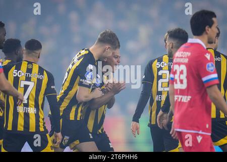 ARNHEM, NETHERLANDS - NOVEMBER 11: Million Manhoef of Vitesse celebrates after scoring his team's first goal with Ramon Hendriks of Vitesse during the Dutch Eredivisie match between Vitesse and FC Groningen at the GelreDome on November 11, 2023 in Arnhem, Netherlands (Photo by Rene Nijhuis/Orange Pictures) Stock Photo