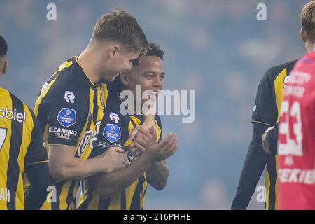 ARNHEM, NETHERLANDS - NOVEMBER 11: Million Manhoef of Vitesse celebrates after scoring his team's first goal with Ramon Hendriks of Vitesse during the Dutch Eredivisie match between Vitesse and FC Groningen at the GelreDome on November 11, 2023 in Arnhem, Netherlands (Photo by Rene Nijhuis/Orange Pictures) Stock Photo