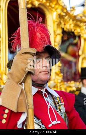 London, UK, 11th November 2023, The Lord Mayor's Show.  One of The Pikemen on guard by the Lord Mayor's State Coach outside the Royal Courts of Justice. Chrysoulla Kyprianou Rosling/Alamy Live News Stock Photo