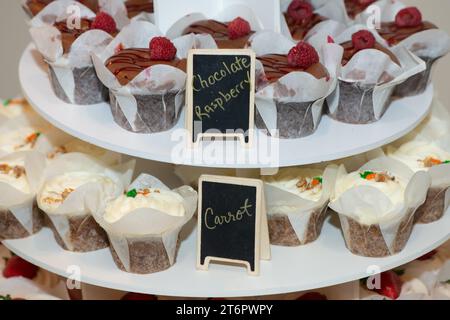Chocolate rasberry and carrot cupcakes on cake stand with chalkboard signs Stock Photo