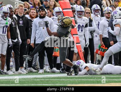 November 11, 2023: Army Black Knights running back Kanye Udoh (26) is forced out-of-bounds during the NCAA football game between the Holy Cross Crusaders and the Army Black Knights at Michie Stadium in West Point, NY. Mike Langish/CSM Stock Photo