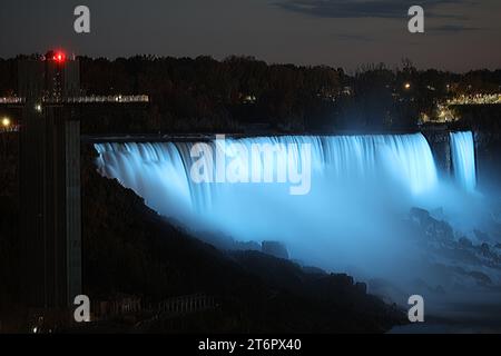 American Falls And Bridal Veil Falls Floodlit At Night Stock Photo