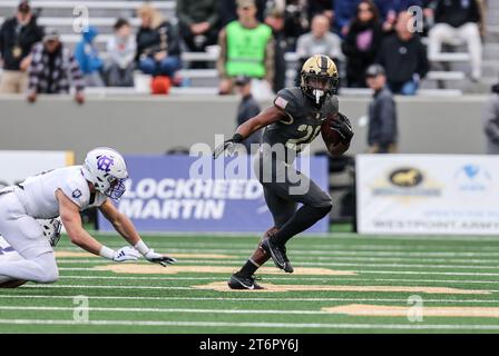 November 11, 2023: Army Black Knights running back Kanye Udoh (26) gains the edge of the defense during the NCAA football game between the Holy Cross Crusaders and the Army Black Knights at Michie Stadium in West Point, NY. Mike Langish/CSM Stock Photo