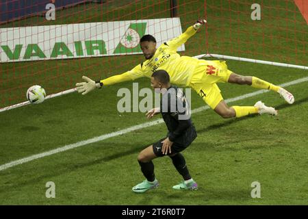 Kylian Mbappe Of PSG Scores His Third Goal Against Reims Goalkeeper ...