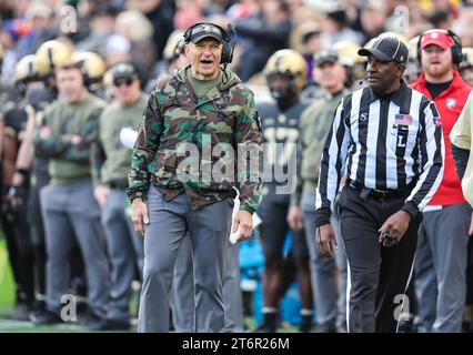 November 11, 2023: Army Black Knights head coach Jeff Monken has a few words for the referree during the NCAA football game between the Holy Cross Crusaders and the Army Black Knights at Michie Stadium in West Point, NY. Mike Langish/CSM Stock Photo