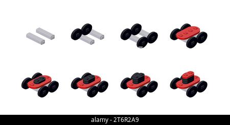 Step-by-step assembly of a red lawn mower. Vector Stock Vector