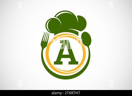 Initial alphabet with chef hat, spoon and fork. Modern vector logo for cafe, restaurant, cooking business, and company identity Stock Vector