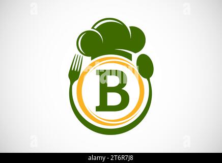 Initial alphabet with chef hat, spoon and fork. Modern vector logo for cafe, restaurant, cooking business, and company identity Stock Vector