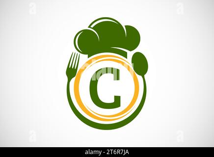 Initial alphabet with chef hat, spoon and fork. Modern vector logo for cafe, restaurant, cooking business, and company identity Stock Vector