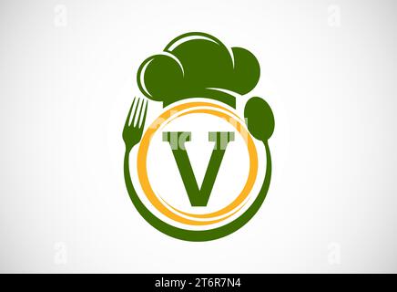 Initial alphabet with chef hat, spoon and fork. Modern vector logo for cafe, restaurant, cooking business, and company identity Stock Vector