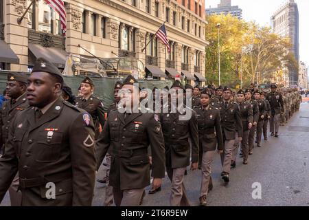 (NEW) Veteran's Day Parade Held In New York City. November 11, 2023, New York, New York, USA: Members of the military participate in the annual Veterans Day Parade on November 11, 2023 in New York City. Hundreds of people lined 5th Avenue to watch the biggest Veterans Day parade in the United States. This years event included veterans, active soldiers, police officers, firefighters and dozens of school groups participating in the parade which honors the men and women who have served and sacrificed for the country.  (Credit: M10s / TheNews2) Stock Photo