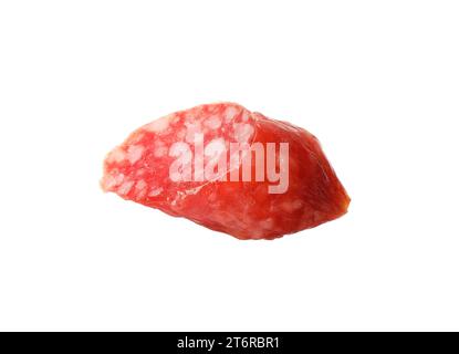 Piece of thin dry smoked sausage isolated on white Stock Photo