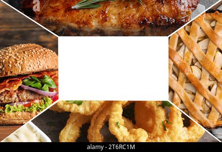 Different tasty American dishes. Collage with burger, onion rings, roasted ribs and apple pie, space for text Stock Photo