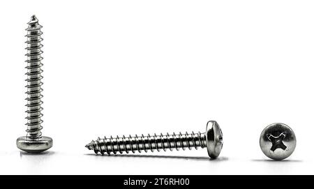 Wood screws arranged on white background close up Stock Photo