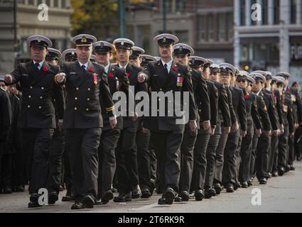 (231112) -- VANCOUVER, Nov. 12, 2023 (Xinhua) -- Members of the Canadian Navy march in Victory Square during the Remembrance Day ceremony in Vancouver, Canada, on Nov. 11, 2023. (Photo by Liang Sen/Xinhua) Stock Photo