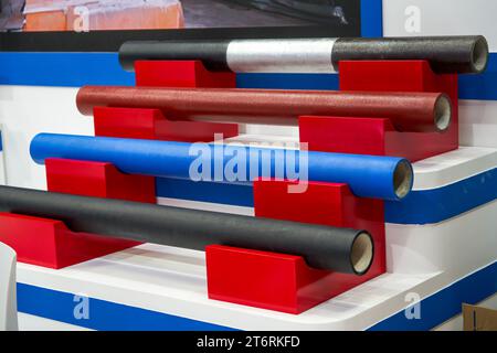 Close-up of advanced cast iron pipes displayed at the exhibition Stock Photo