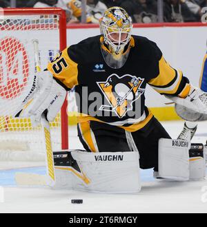 Pittsburgh Penguins goaltender Tristan Jarry (35) makes one of his 36 saves during the 4-0 win in the third period against the Buffalo Sabres at PPG Paints Arena in Pittsburgh on Saturday, November 11, 2023. Photo by Archie Carpenter/UPI. Stock Photo