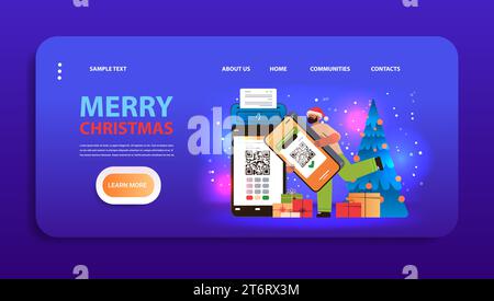 man customer or shopper in santa hat using mobile app with qr code and pos-terminal to make a payment on smartphone online shopping Stock Vector