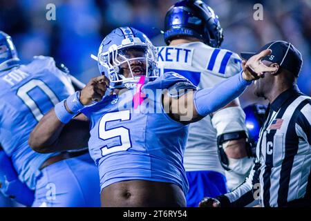 November 12, 2023: North Carolina Tar Heels defensive lineman Jahvaree Ritzie (5) celebrates after a fourth quarter sack against the Duke Blue Devils in the ACC football matchup at Kenan Memorial Stadium in Chapel Hill, NC. (Scott Kinser/CSM) Stock Photo