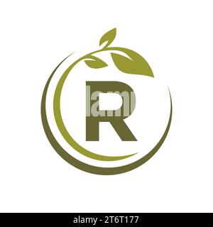 Eco Leaf Logo On Letter R Vector Template Stock Vector