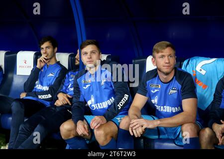 Aleksander Erokhin (L), Danil Krugovoy (C), Dmitri Chistyakov (R) of Zenit seen in action during the Russian Premier League football match between Zenit Saint Petersburg and Krasnodar at Gazprom Arena. Final score; Zenit 1:1 Krasnodar. Stock Photo